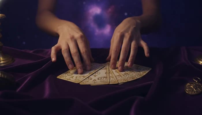 Mâini aranjând cărți de tarot pe catifea, la lumina lumânărilor