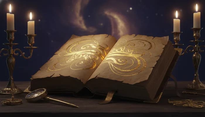 Jurnal vechi deschis, cu ornamente aurii, la lumina lumânării
