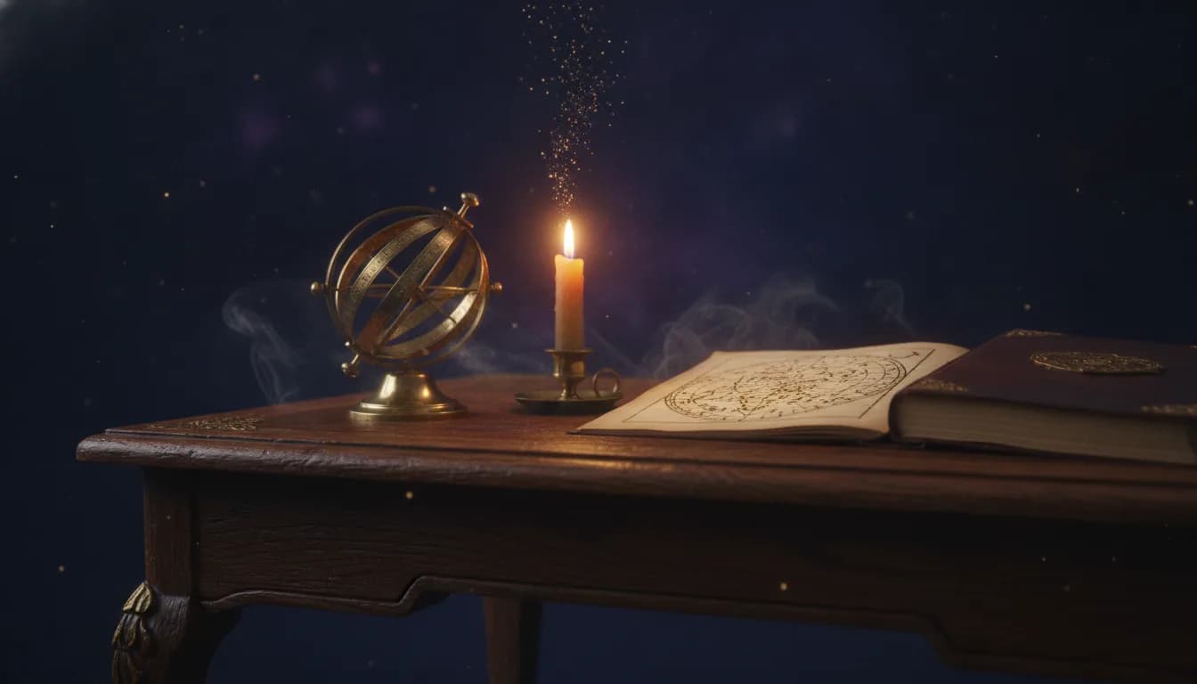 Hartă astrală desenată pe pergament, cu poziția planetelor și a zodiilor, luminată de lumânări