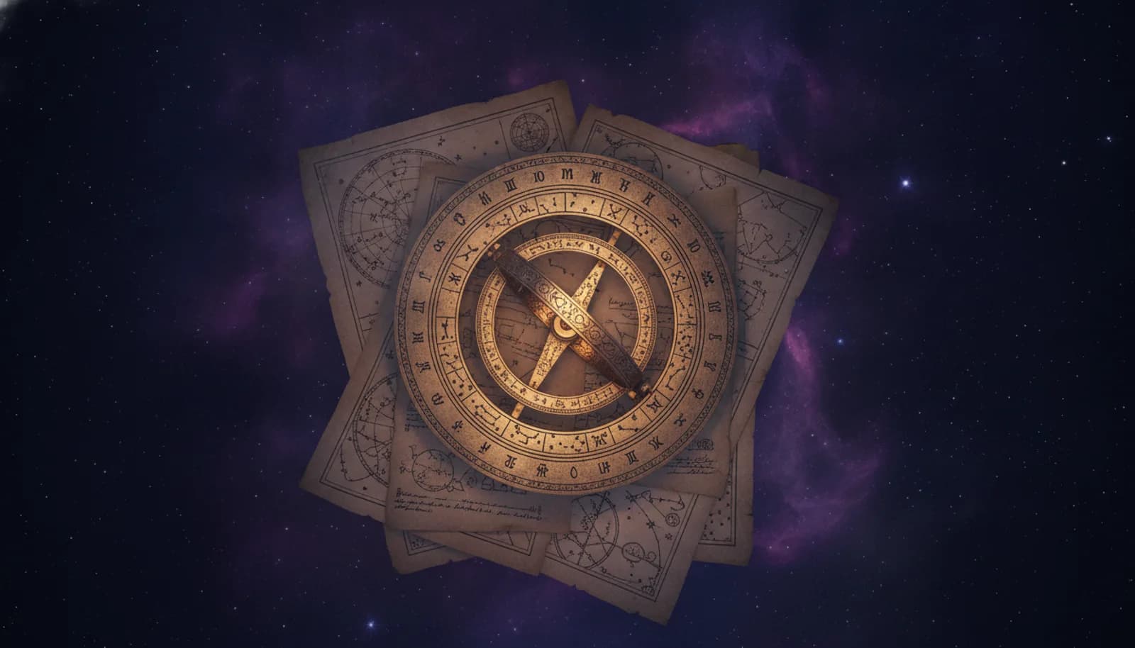 Disc astrologic vechi din alamă, cu semnele zodiacului, așezat peste hărți astrale, pe fundal de cer înstelat